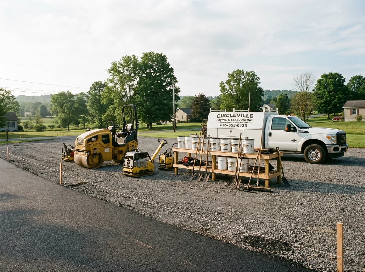 Asphalt paving crew and equipment on a residential driveway project, showcasing professional tools and materials.