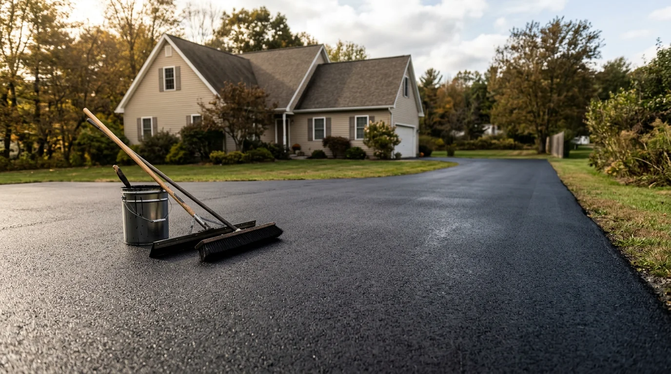 Asphalt paving crew applying fresh asphalt to a residential driveway in Sullivan County.