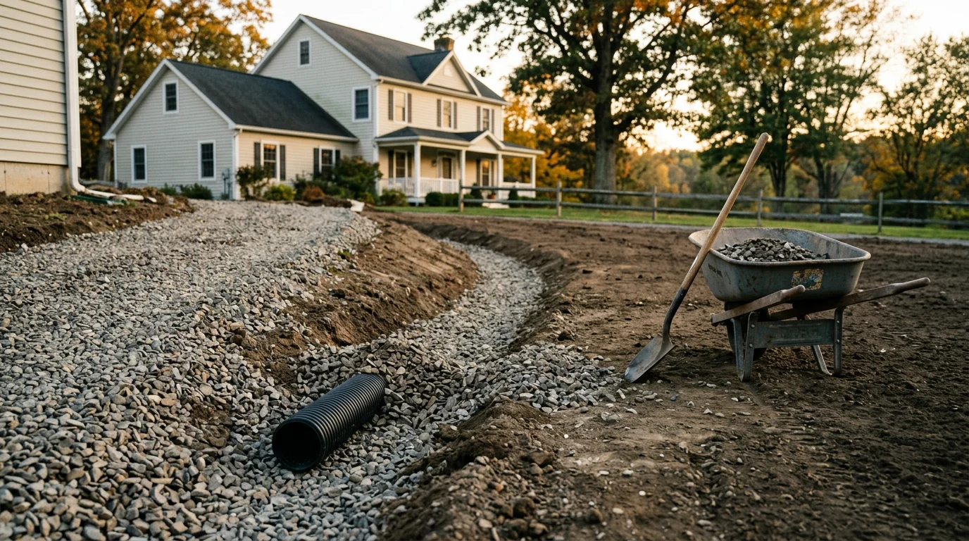 Drainage system installed alongside a residential driveway to direct water away from the pavement.