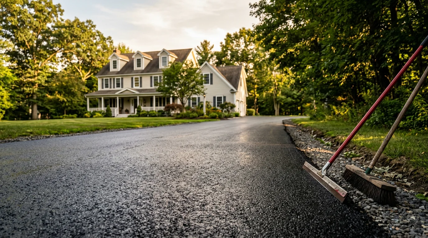 Completed asphalt parking lot with fresh paving and clear parking space markings.