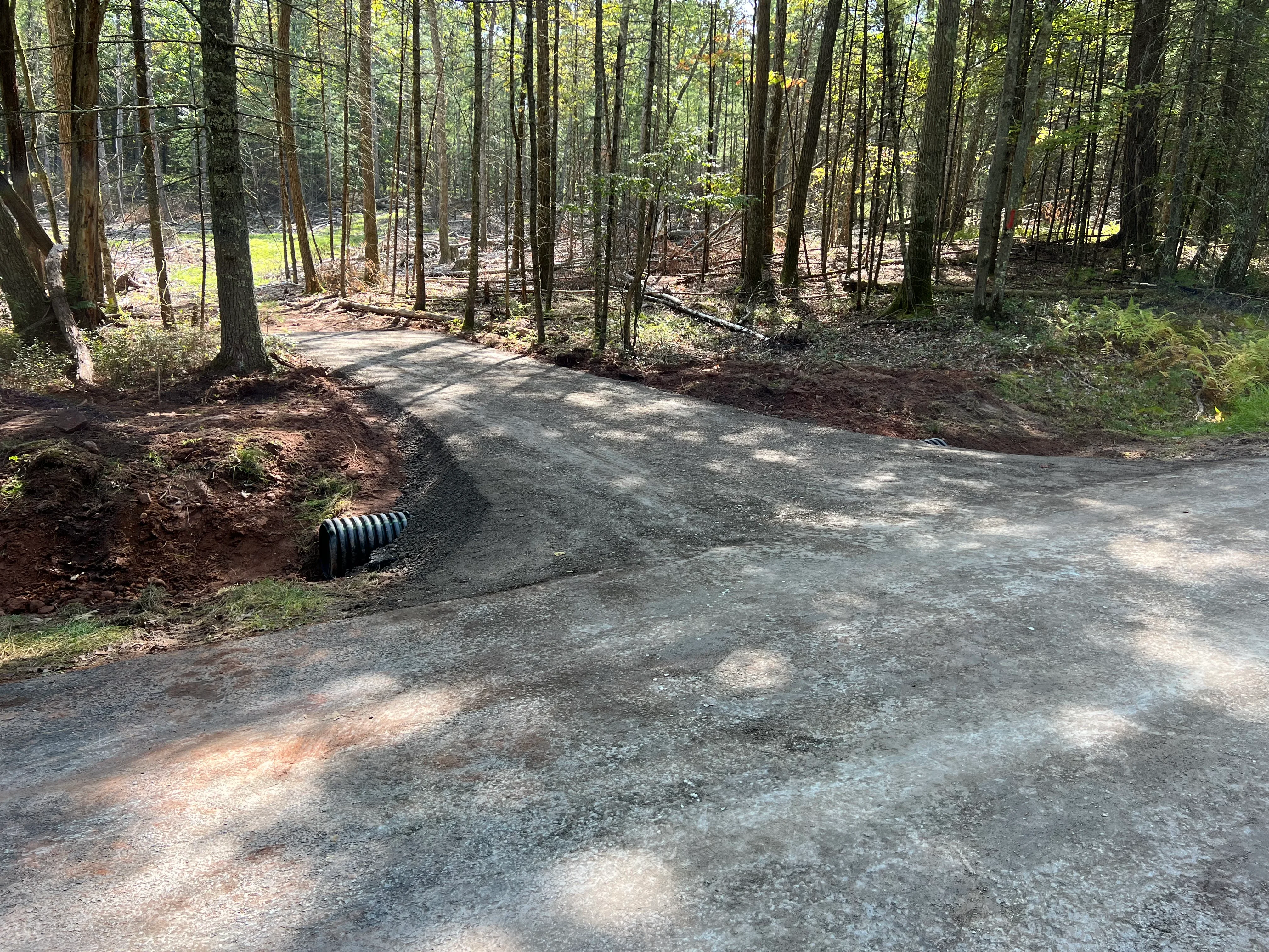 Asphalt driveway through forest with corrugated drainage pipe installed along edge