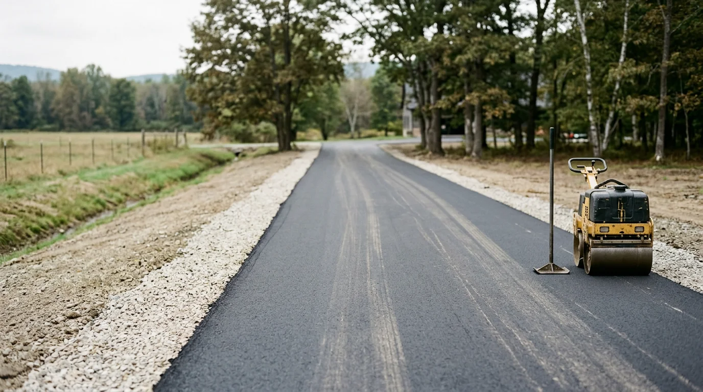 Freshly paved black asphalt driveway at a residential property in Sullivan County, NY, with clean straight edges and a smooth compacted surface. The surrounding landscape shows the wooded, rural character typical of the Catskill foothills region.