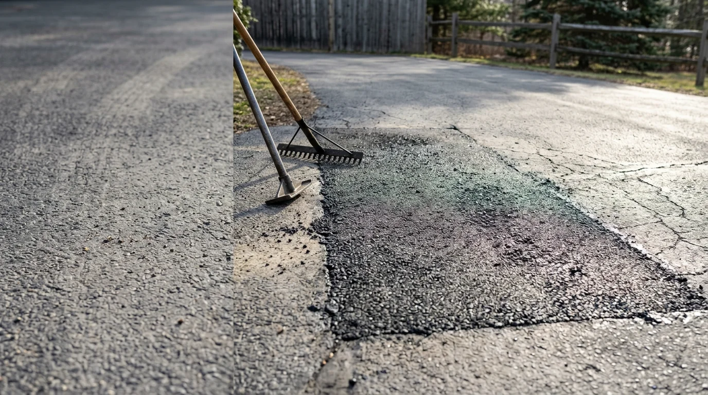 A repaired asphalt driveway in Sullivan County, NY showing a smooth, dark patched surface next to older surrounding pavement. The repair area is flush and even, with no visible cracks or potholes remaining.