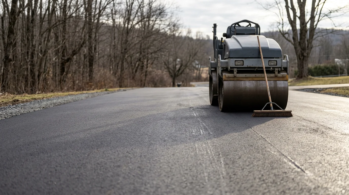 Freshly resurfaced asphalt driveway in Sullivan County, NY showing a smooth, dark surface with clean edges. A residential property is visible in the background against a wooded Catskill-area landscape.