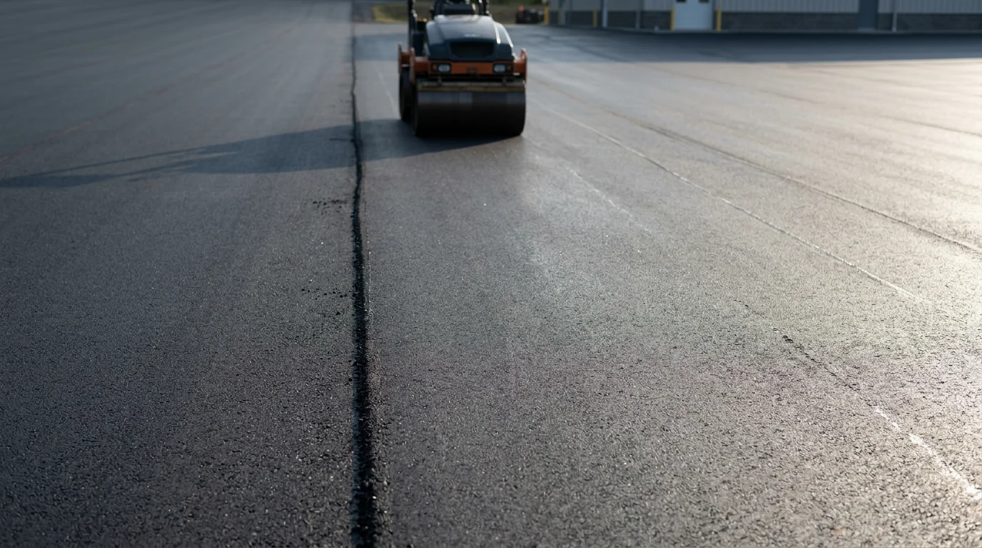 Freshly paved commercial parking lot with clean asphalt surface and newly painted line striping at a business property in Sullivan County, NY. The lot shows smooth compacted asphalt with clearly marked parking spaces and defined traffic lanes.