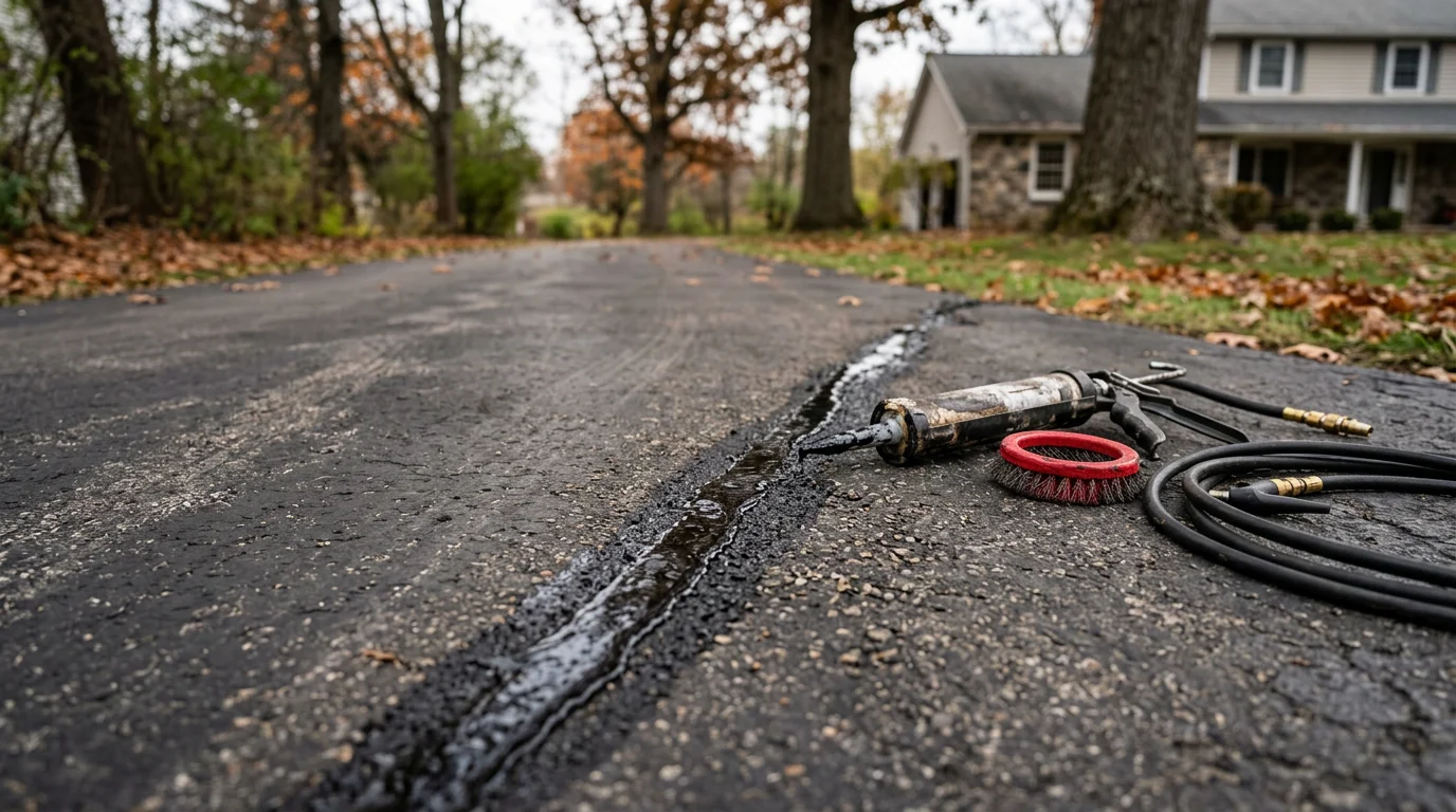 Close-up view of a freshly filled asphalt crack on a residential driveway in Sullivan County, NY, with dark filler material sealed flush to the surrounding pavement surface. The repaired driveway shows clean, uniform crack lines with no open gaps or loose edges.