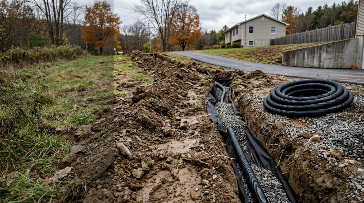 Newly installed channel drain running along the edge of a residential driveway in Sullivan County, NY, with graded soil directing water toward the drain opening. Surrounding landscape shows a sloped lot typical of the region.
