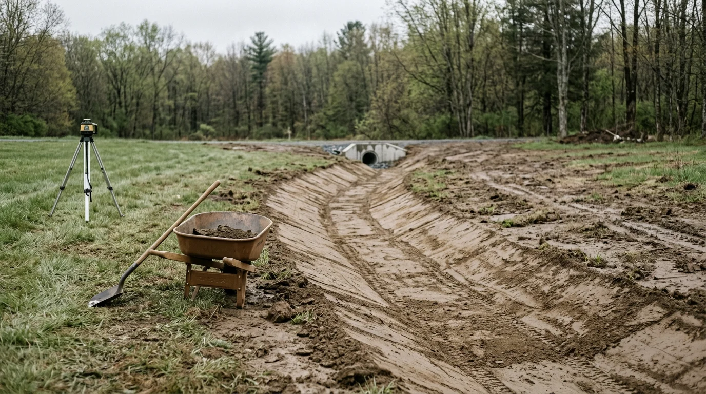 A repaired driveway drain on a residential property in Sullivan County, NY, with water flowing cleanly away from the paved surface after a rain event. The surrounding asphalt shows no pooling or surface cracking near the restored drainage point.