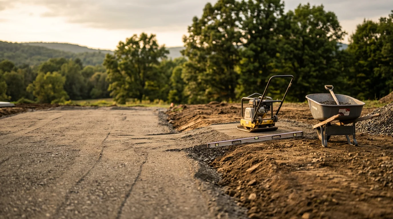 Freshly installed asphalt driveway at a residential property in Sullivan County, NY, with clean edges, smooth compacted surface, and proper slope away from the home. Surrounding landscape shows rural wooded terrain typical of the Sullivan County region.
