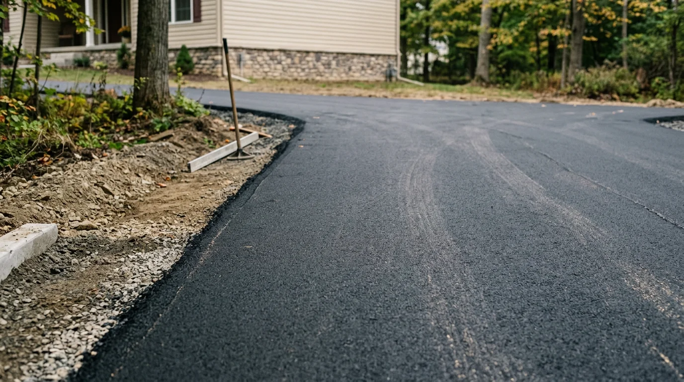 A freshly paved residential asphalt driveway in Sullivan County, NY, with clean straight edges and a smooth dark surface leading to a single-family home. The surrounding landscape shows the wooded, hilly terrain typical of the region.