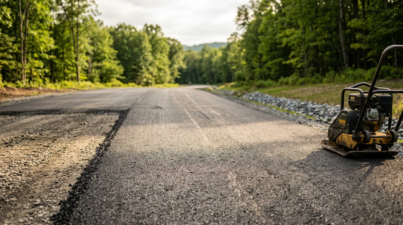 Freshly paved asphalt road surface on a rural property in Sullivan County, NY, with clean edges and smooth compacted blacktop extending through a wooded landscape.