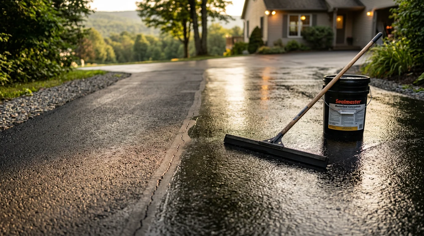 Freshly sealcoated residential driveway in Sullivan County, NY showing a dark, uniform asphalt surface with clean edges. The surrounding landscape reflects the wooded, rural character typical of the region.