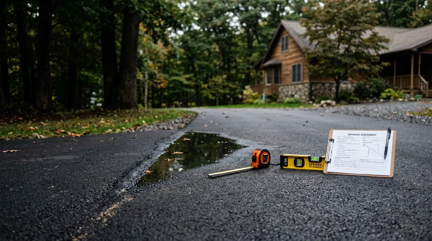 A paved driveway in Sullivan County, NY showing water pooling near the surface edge after heavy rainfall. A contractor examines the grade and drainage path along the pavement to identify the source of the standing water.