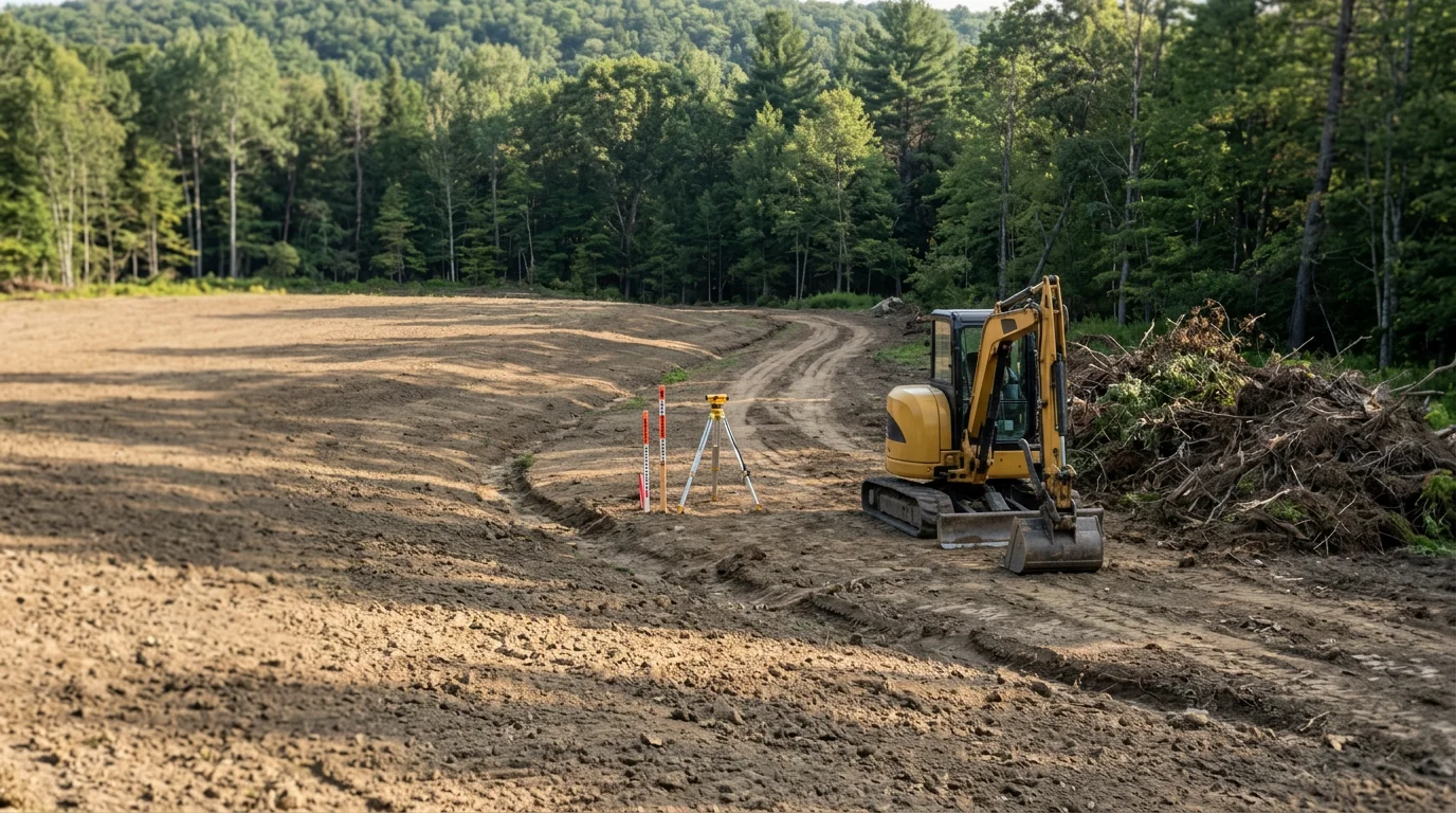 A graded and compacted sub-base on a Sullivan County, NY property ready for asphalt paving, with cleared and leveled ground visible across the prepared site.